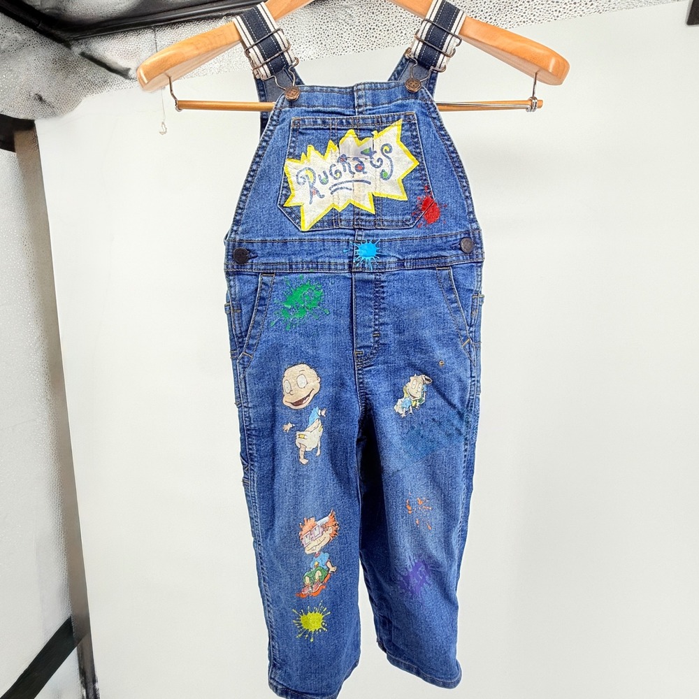 OshKosh Bgosh Rugrats Nickelodeon Denim Overalls Toddler 3T Blue Paint Splatter
